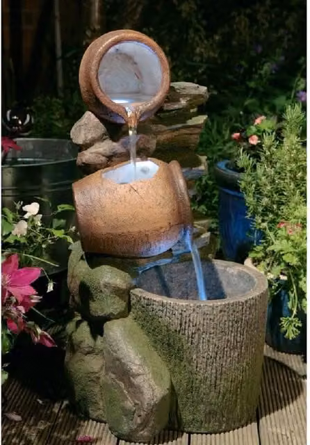 Primrose Honey Pots Barrel Cascading Water Feature with Lights, Stone Effect, Brown, Height: 68 cm