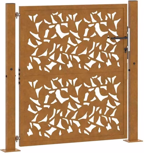 Berkfield Brown Weathering Steel Garden Gate with Leaf Design W: 105 cm, H: 105 cm