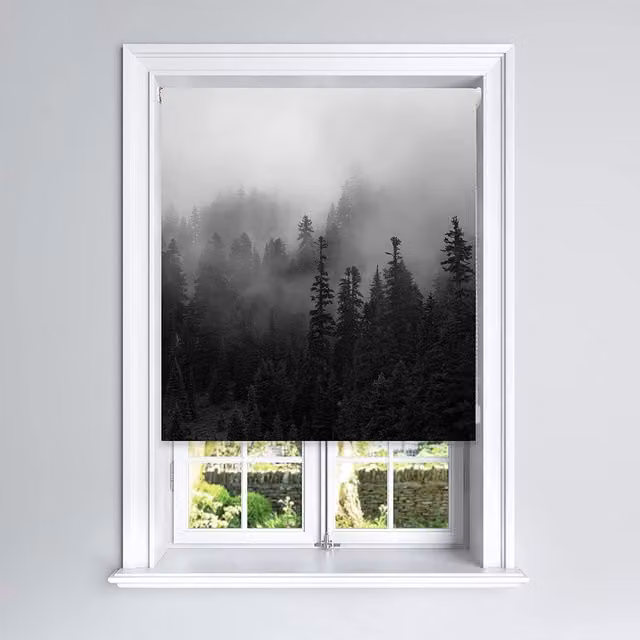 Lister Cartwright Misty Forest Blackout Roller Blinds, White and Grey Thermal Insulating Polyester Easy Fit Blinds