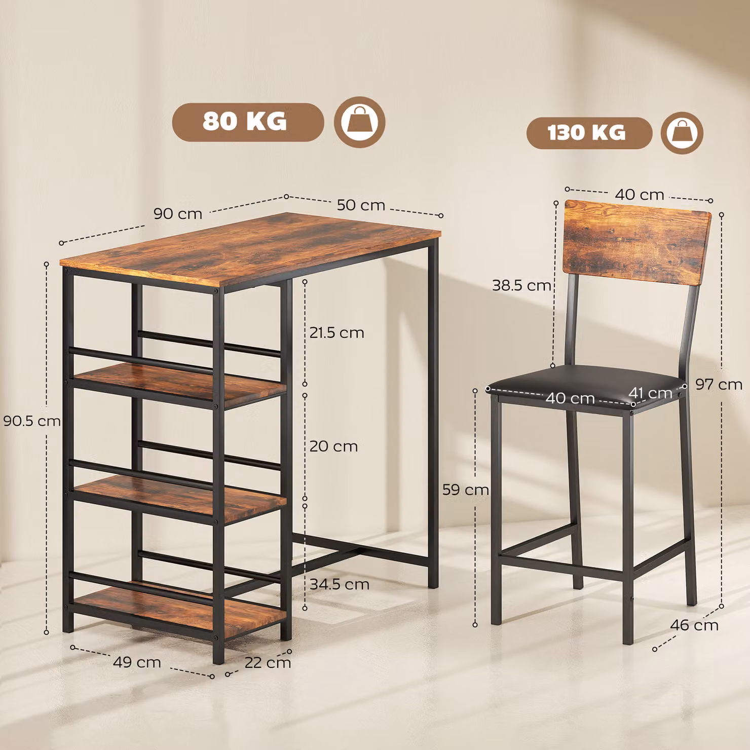 HOMCOM Three-Piece Industrial Bar Table Set with Three Chairs in Brown and Black – 3