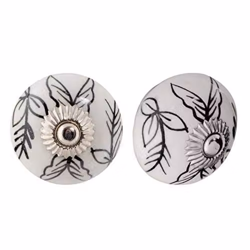 Nicola Spring Ceramic Cabinet Knobs with Black and White Floral Design, Pack of 12