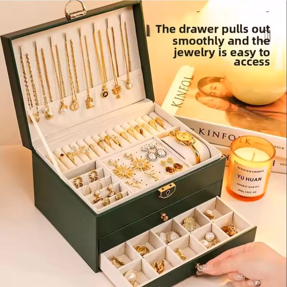 Hinsinc 3-Layer Jewellery Box Necklace Organiser with Drawers, Black, W: 23.0 cm, D: 13.5 cm, H: 13.5 cm – 4