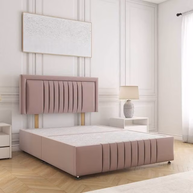BSSPOKE Lily Plush Velvet Single Divan Bed with 24 inch Headboard in Pink, W/D/H: 90 x 200 cm