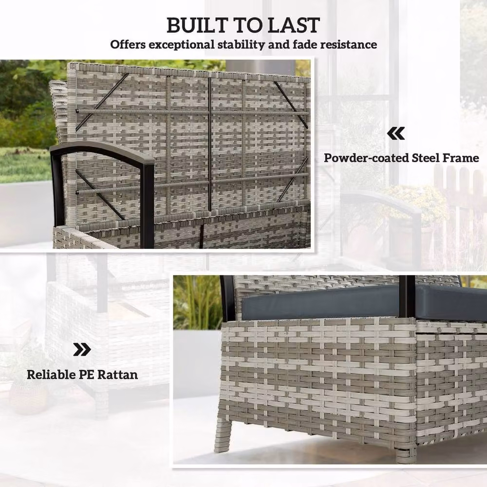 NESTLUNE Grey Rattan 2 Seater Garden Storage Bench with 125L Capacity, W: 100 cm, D: 15 cm, H: 15 cm – 3