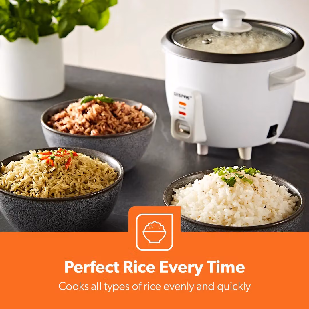 Geepas White Rice Cooker with Vegetable Steamer and Non-Stick Inner Pot, 0.6 l – 4