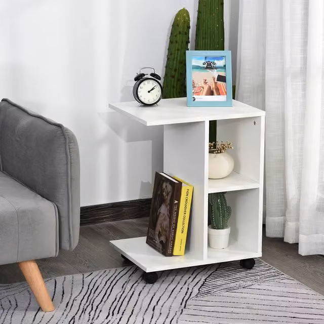 HOMCOM Modern C Shape End Table with 2 Shelves in White