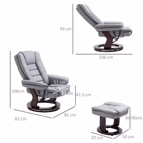 HOMCOM Grey Recliner Chair with Matching Footstool, 135 Degree Swivel Relax Chair in Synthetic Leather – 3