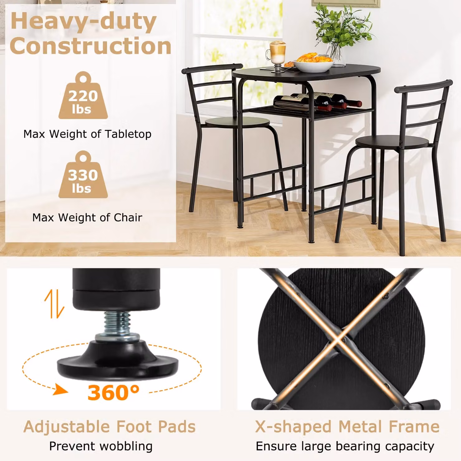Gymax 3 Piece Modern Oval Dining Table and Chairs Set in Black Wood Grain Finish – 4