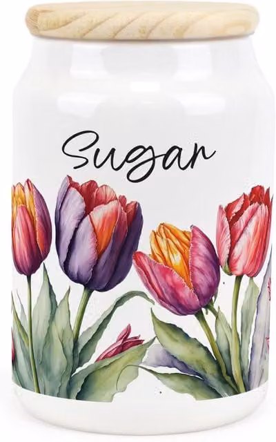 Purely Home Tulips Floral Ceramic Sugar Storage Canister in Purple and White