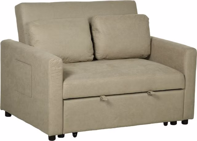 HOMCOM Convertible Loveseat Sofa Bed in Brown with 2 Scatter Cushions and Side Pockets – 1