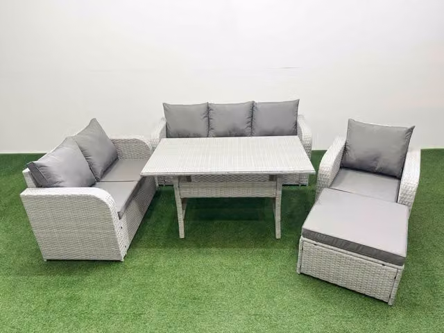 Fimous Patio 7 Seater Grey PE Wicker Rattan Outdoor Furniture Set with Rectangular Dining Table, Reclining Chairs and Sofas