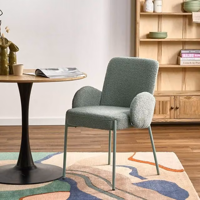 Wyld and Coco Retro Green Boucle Dining Chair with Powder-Coated Iron Frame