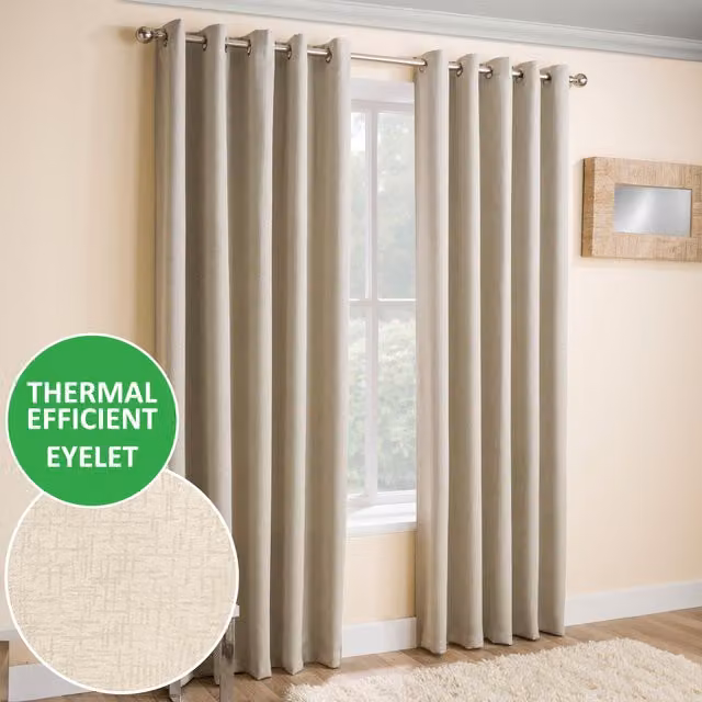 Enhanced Living Pair of Vogue Eyelet Thermal Dimout Curtains in Beige, Height: 229 cm, Width: 117 cm