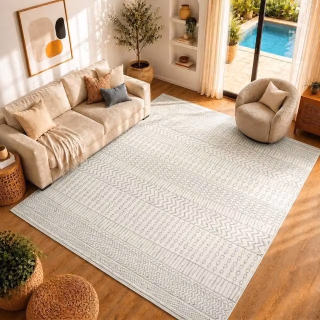 Livabliss Pisa Geometric Machine Woven Rug in Grey and White, W: 200 cm, D: 275 cm