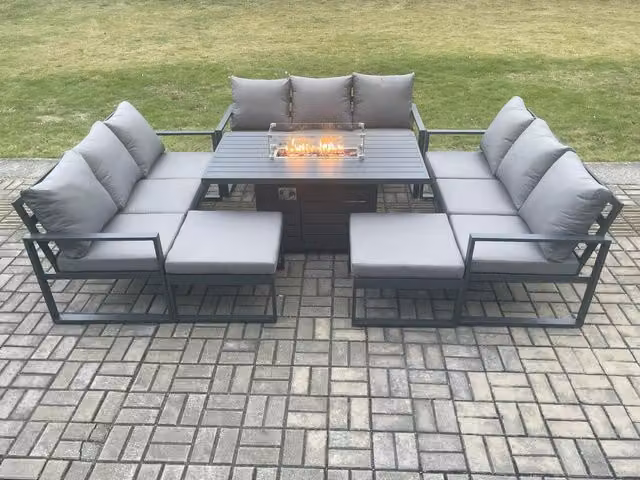 Fimous 11 Seater Aluminium Garden Furniture Set with Gas Fire Pit Dining Table and 2 Big Footstools in Dark Grey