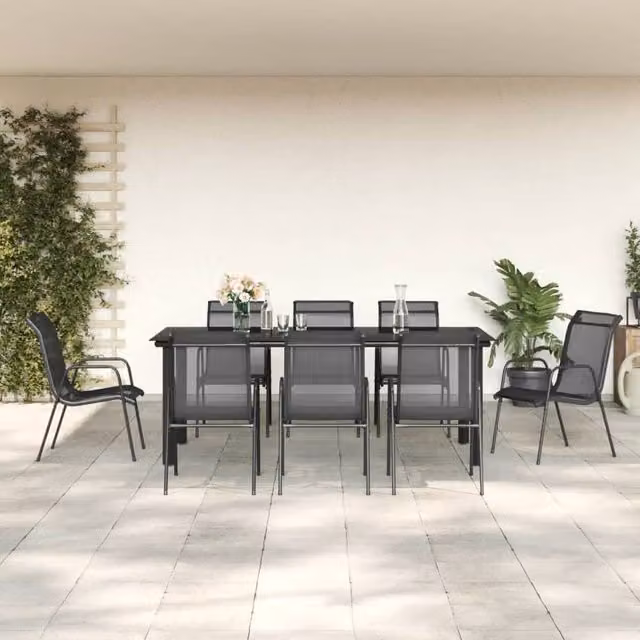 Berkfield Home 9 Piece Garden Dining Set in Black Steel and Textilene – 1
