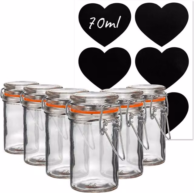 Argon Tableware 70ml Glass Storage Jars with Heart Labels, Pack of 6, Transparent Yellow