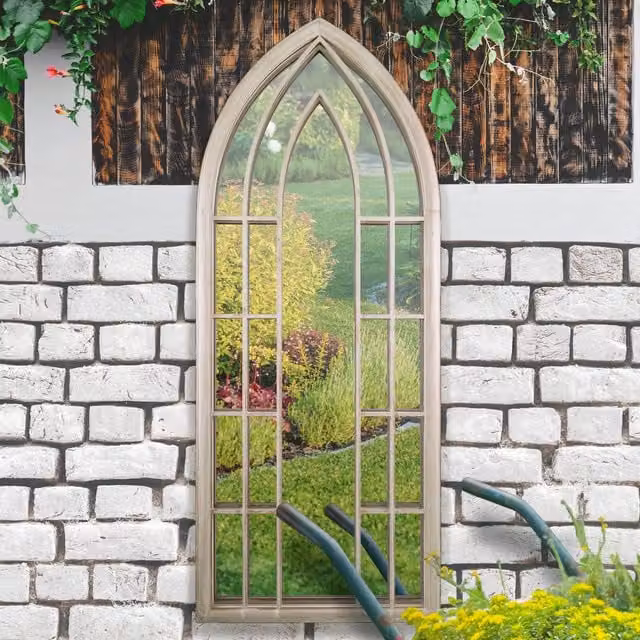 MirrorOutlet Gothic Arch Large Outdoor Garden Wall Mirror in Stone, H 190 cm x W 75 cm