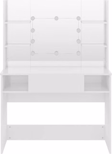 Berkfield Home Modern Makeup Table with Hollywood LED Lights in Glossy White, W/D/H: 100 x 40 x 135 cm