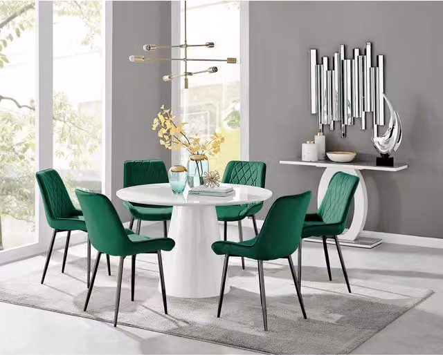 FurnitureboxUK Palma White High Gloss Round Dining Table and 6 Pesaro Black Leg Chairs in Green