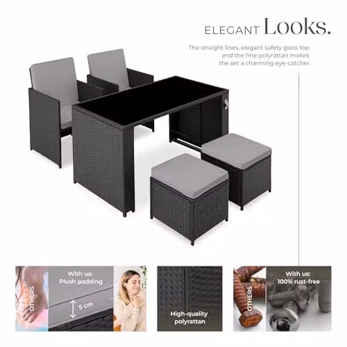 TecTake Rattan Garden Furniture Set with 2 Lounge Armchairs, 2 Ottomans and 1 Coffee Table with Glass Top, Black and Grey – 3