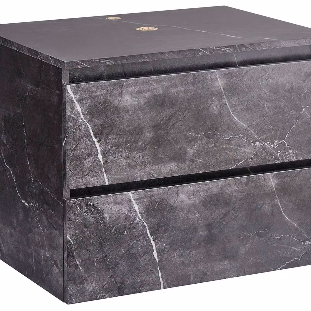 Wyld and Coco Black Marble Wall Mounted Fluted Front 2 Deep Drawers W: 60 cm, D: 47 cm – 2