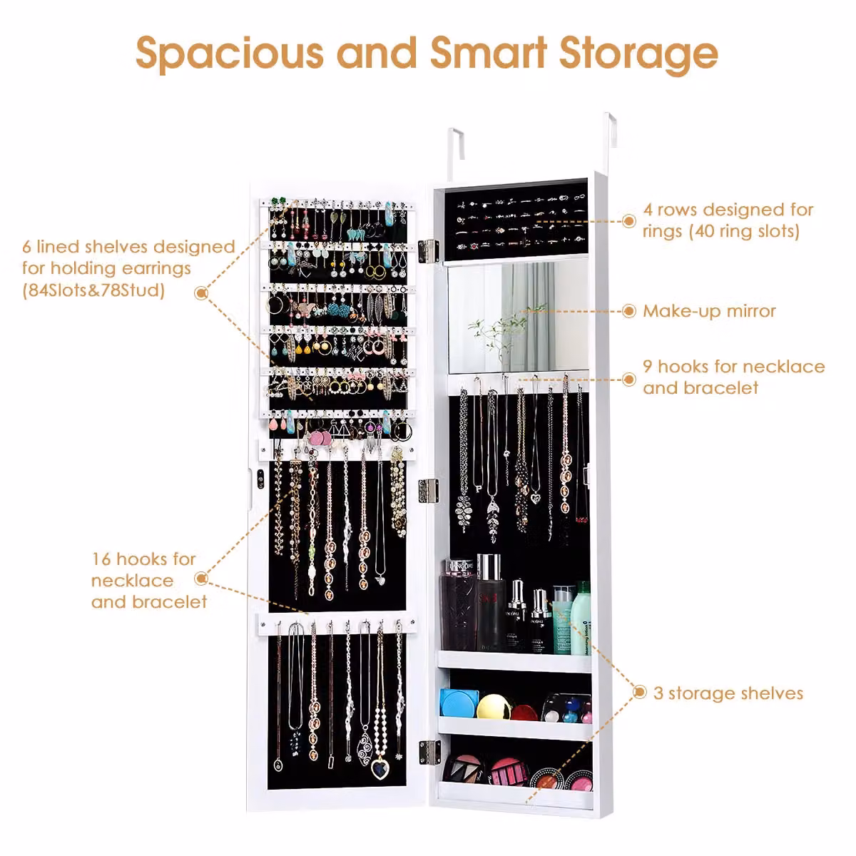 Costway Wall Mounted Jewelry Armoire with Full-Length Mirror in White – 5