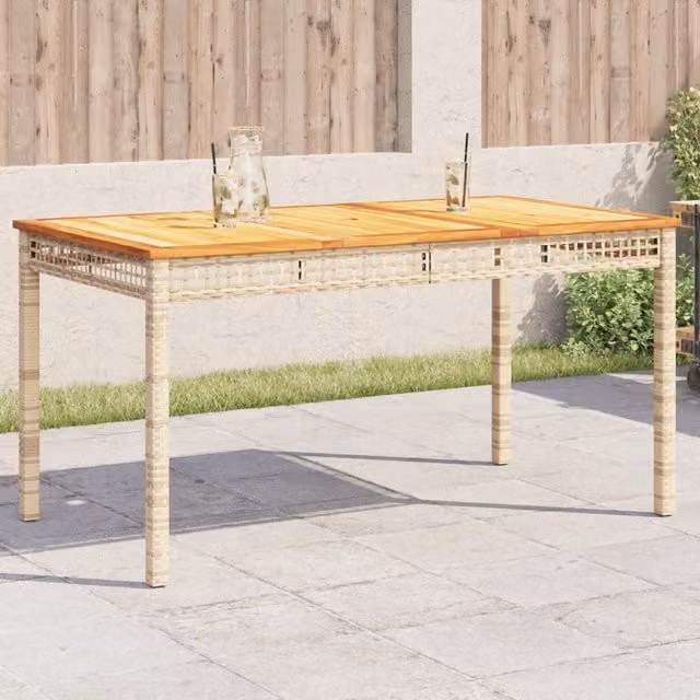 Berkfield Home Beige Poly Rattan Garden Table with Acacia Wood W/D/H: 140 x 80 x 75 cm – 1