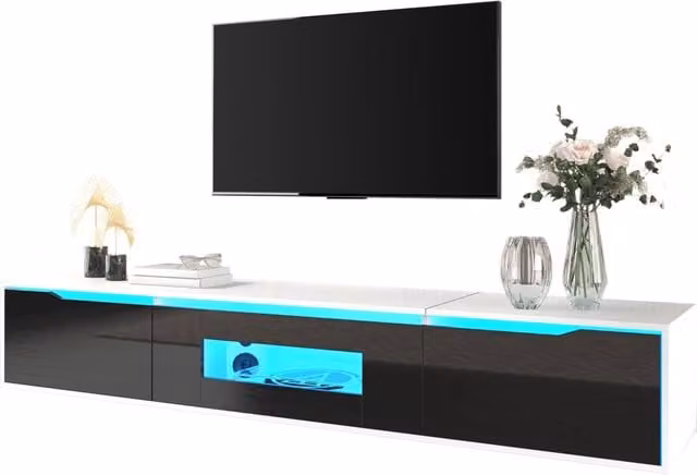 BTM High Gloss Black TV Cabinet with Colour Changing LED Light, W/D/H: 120 x 35 x 35 cm