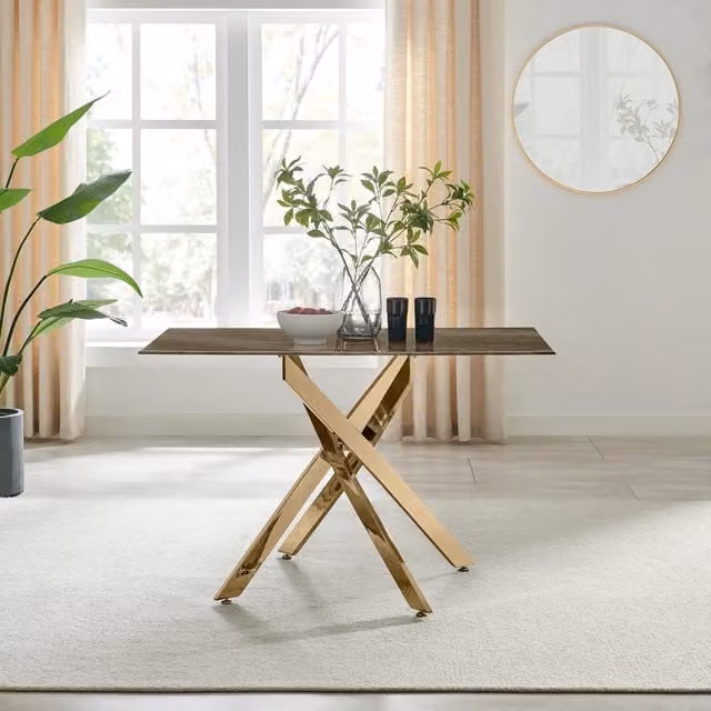 FurnitureboxUK Leonardo 4-Seater Rectangular Dining Table with Marble Effect Glass Top and Gold Metal Legs in Dark Brown