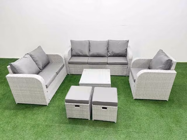 Fimous Patio 8 Seater Outdoor Rattan Furniture Set in Light Grey with Square Coffee Table, Reclining Chairs, Loveseat, 3 Seater Sofa and Stool
