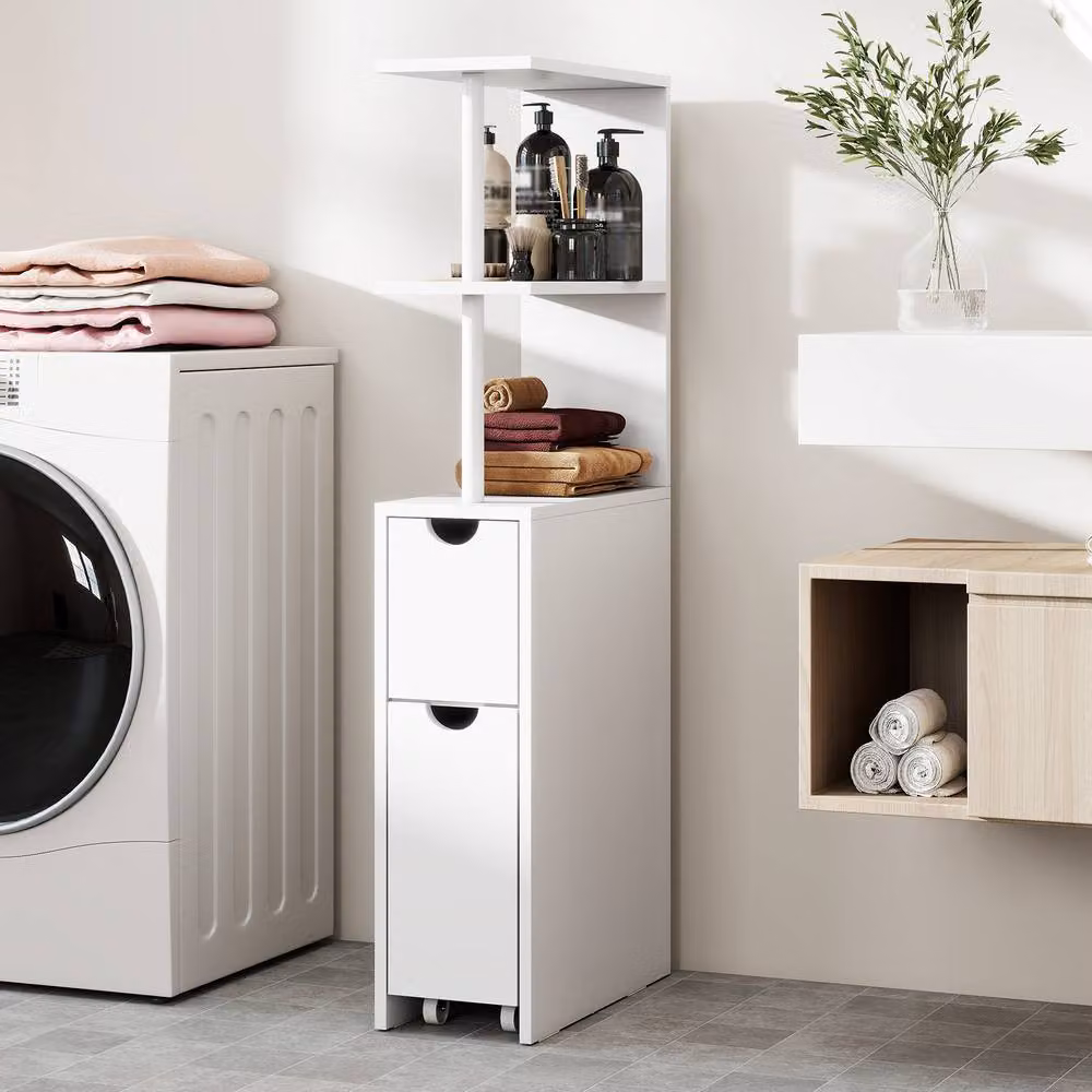 Gymax Modern Slim Freestanding Cabinet in White with Open Shelves and Drawers – 3