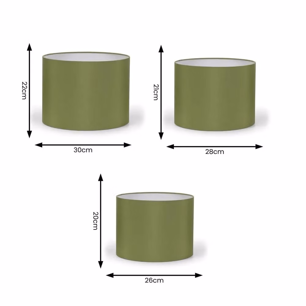 ValueLights Nesting Fabric Drum Cylinder Ceiling Pendant Light Shades in Green and Grey, Pack of 3 (W: 30 cm, D: 30 cm, H: 22 cm; W: 30 cm, D: 28 cm, H: 21 cm; W: 26 cm, D: 26 cm, H: 20 cm) – 3