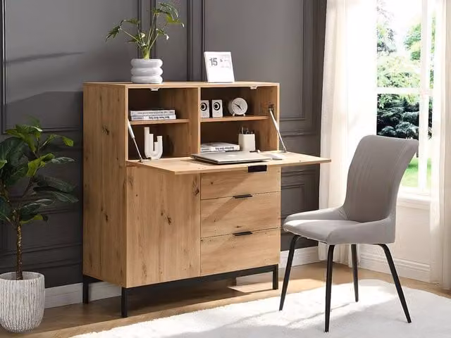Vente-unique Secretary Desk with 2 Doors and 3 Drawers in Light Oak MDF and Metal
