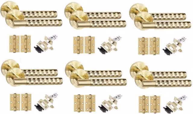 Golden Grace Knurled T-Bar Hex Cut Door Handle Set with Latch and Ball Bearing Hinges, Brass, 6 Pack