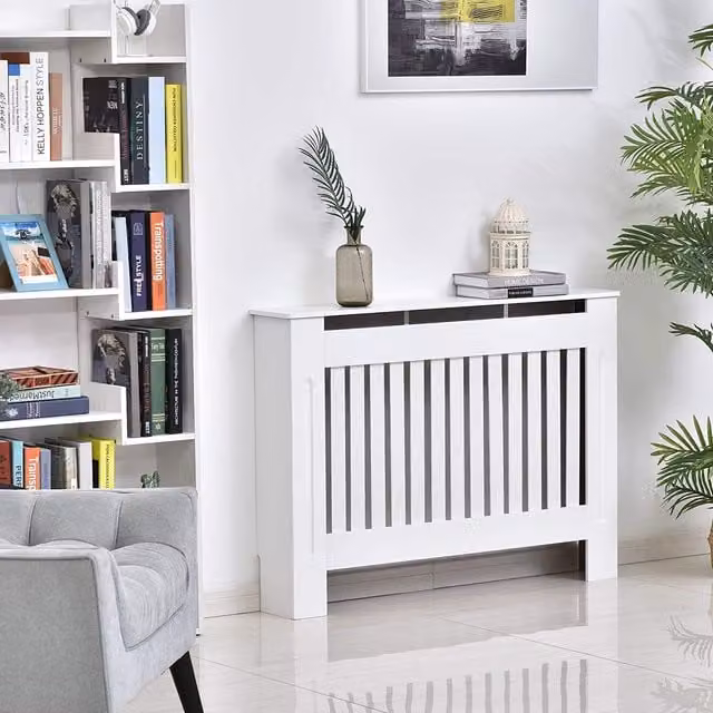 HOMCOM Modern Minimalist Slatted Radiator Cover in White, MDF Construction, W: 112 cm, D: 19 cm, H: 81 cm – 1