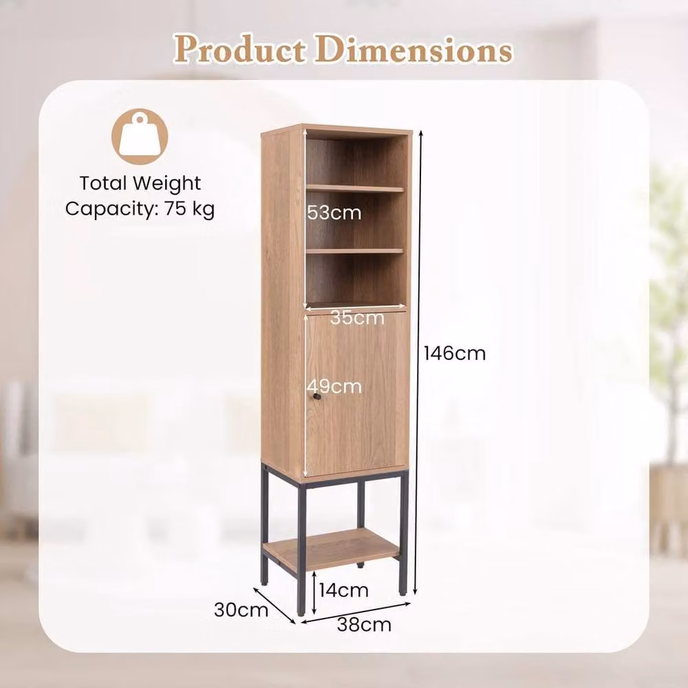 EONLION Modern Freestanding Tall Storage Cabinet in Light Oak, H 146 x W 38 x D 30 cm – 2