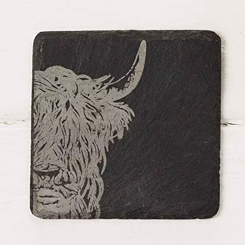 Selbrae House Highland Cow Slate Coasters, Set of 4, Black/Grey, W/D/H: 11.0 x 11.0 x 2.5 cm – 6