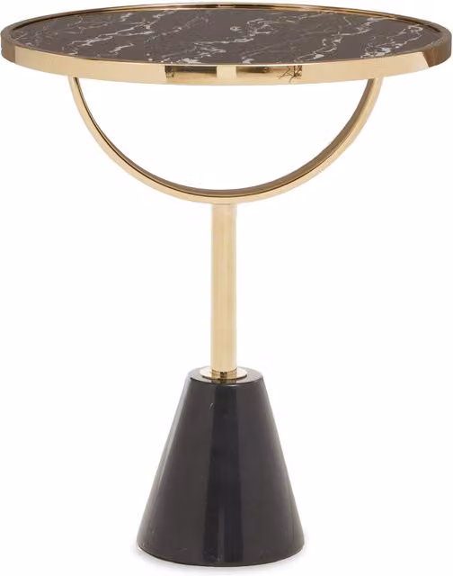 Orsina Round Black Glass Side Table with Gold Marble-Effect Base
