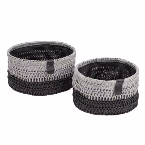 JVL Kenzi Set of 2 Open Weave Round Storage Baskets with Handles, Grey, Black or Multicolour, W/D/H: 22.0 x 11.0 x 22.0 cm