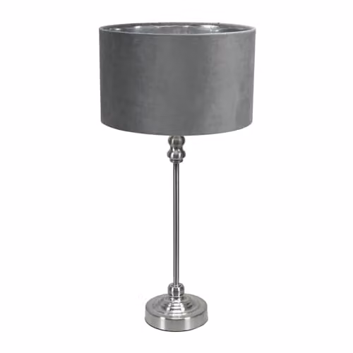 ValueLights Maggie Brushed Chrome Metal Candlestick Table Lamp with Grey Velvet Shade and Warm White Bulb