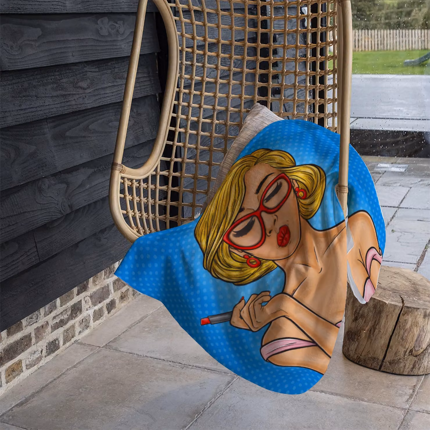 Benjamin Tate Design Pop Art Illustration Woman Paints Her Lips Fleece Blanket in Blue and Sand, W/D/H: 120 x 150 cm – 2