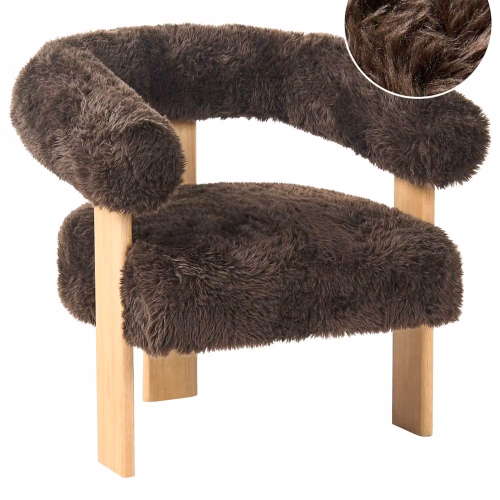 Wyld and Coco Retro Dark Brown Faux Fur Armchair with Rubberwood Legs – 2