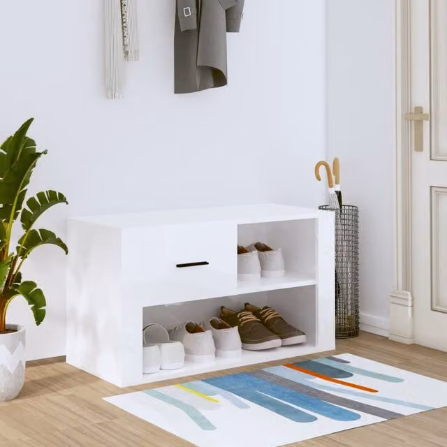 Berkfield Home High Gloss White Shoe Cabinet with Integrated Seat, W/D/H: 80 x 35 x 45 cm