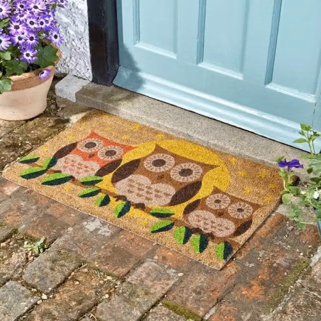 Garden Mile Heavy Duty Rectangular Coir Door Mat with Multicolour Owl Graphic in Brown, Green and Yellow