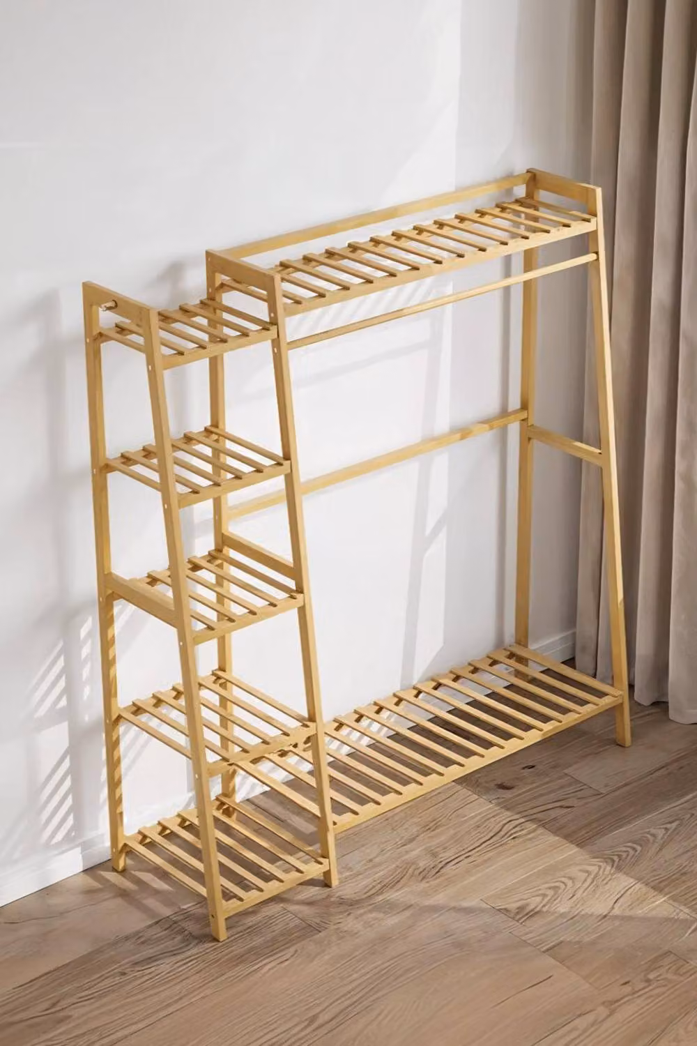 ExtraStar Natural Bamboo Trapezoidal Clothing Rack with Side Shelves and Dual Hook and Rail Matrix in Beige – 2