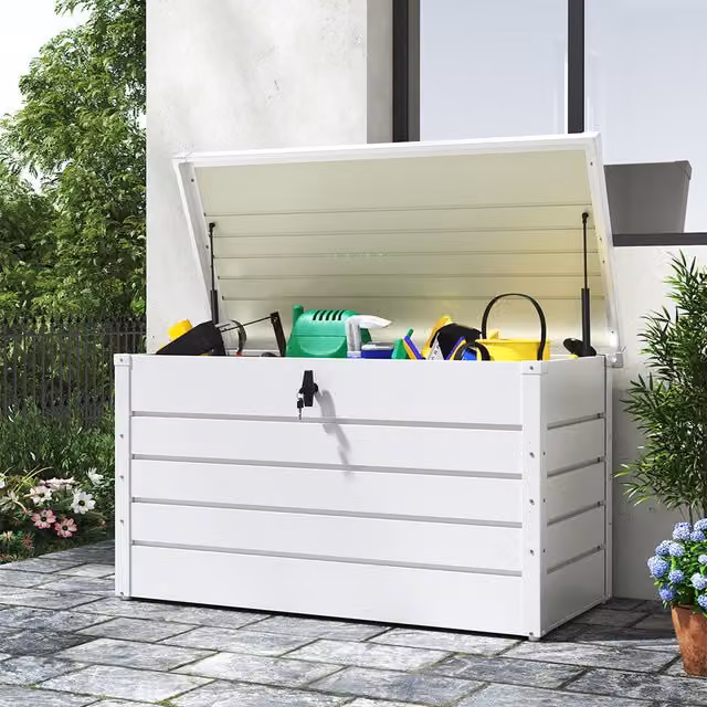 Breeins Lockable Galvanised Steel Garden Storage Box for Tools, White