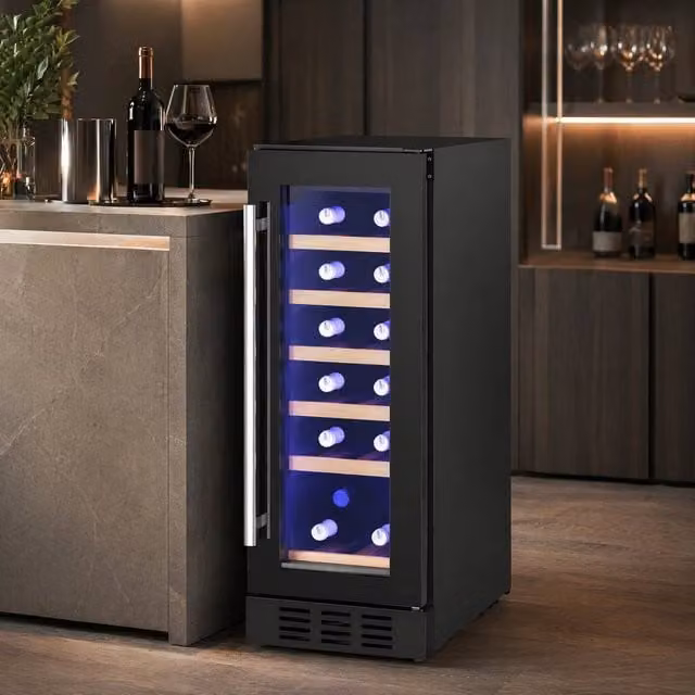 STILVORA Black Built-in Compressor Wine Fridge with 19 Bottle Capacity, Wooden Racks and LED Interior Light – 1