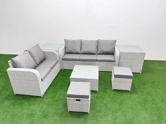Fimous 7 Seater Grey PE Rattan Wicker Garden Furniture Set with L-Shape Sofa, Coffee Table and Ottomans