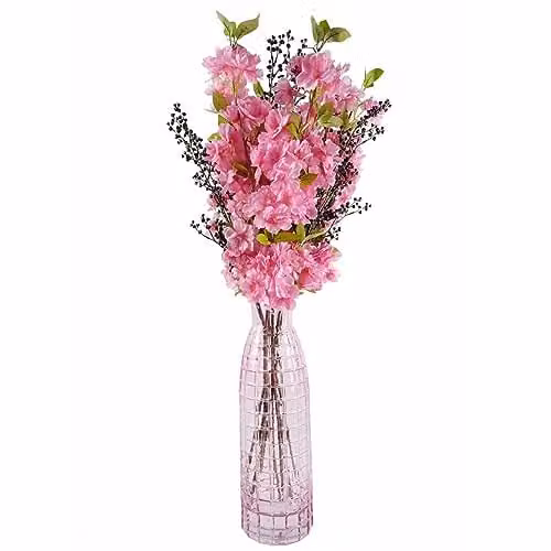 Leaf Design UK Pink and Purple Artificial Blossom and Berries with Glass Vase, Height: 100 cm